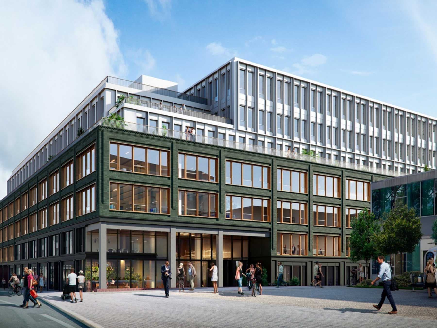 Rendering der Front eines modernen Bürogebäudes, dessen grüne Backsteinfassade mit großen in Holz gefassten Fenster eine angenehme Atmosphäre vermittelt.