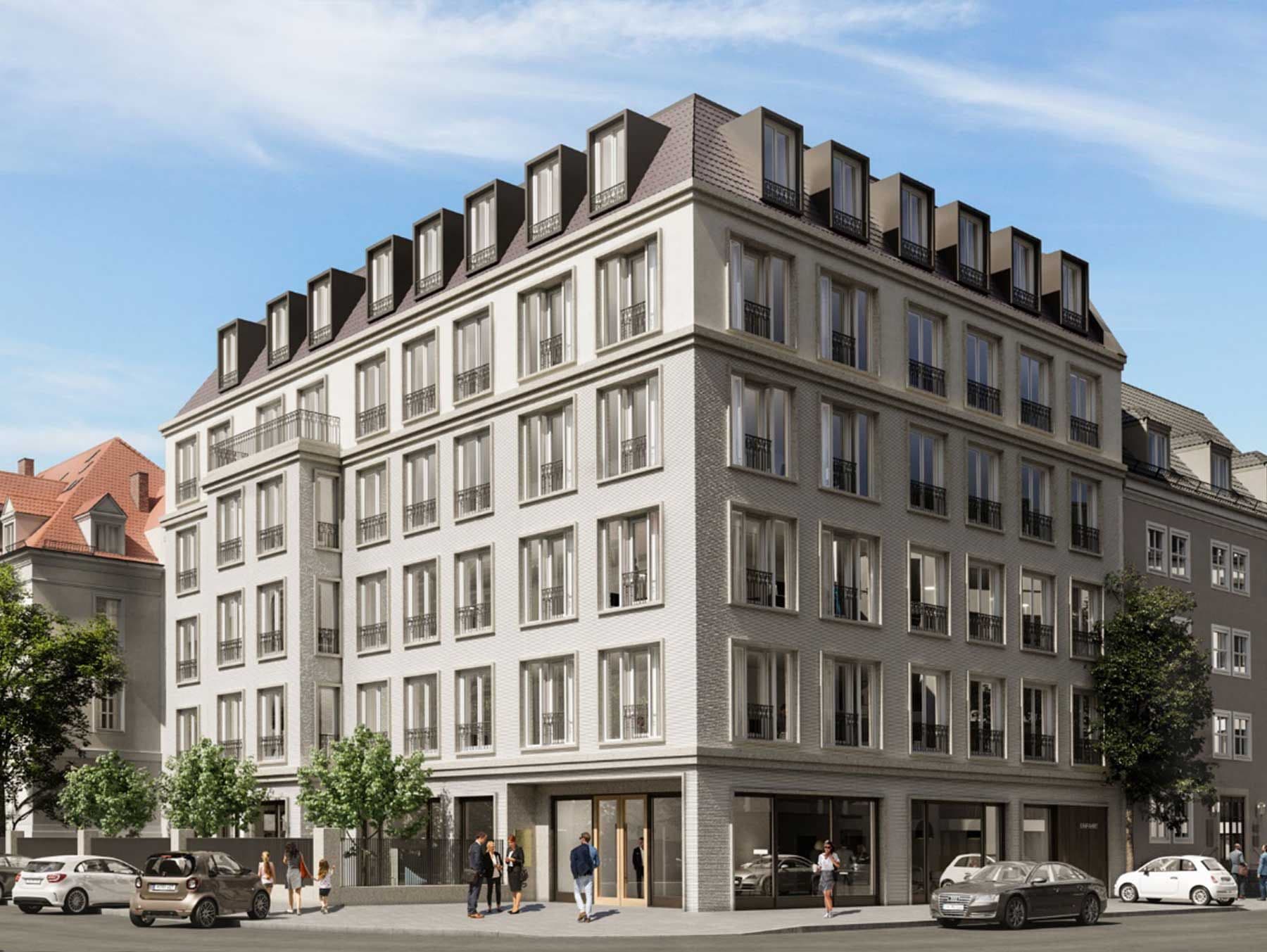 Rendering eines modernen Stadt-Wohnhauses mit Dachgauben und großen Fenstern.