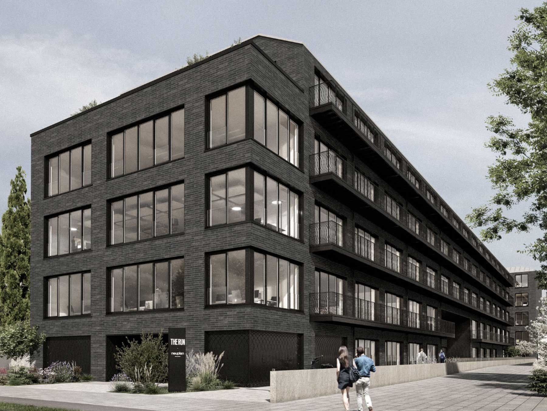Rendering eines modernen Bürogebäudes mit großen Fenstern und dunkler Backsteinoptik.