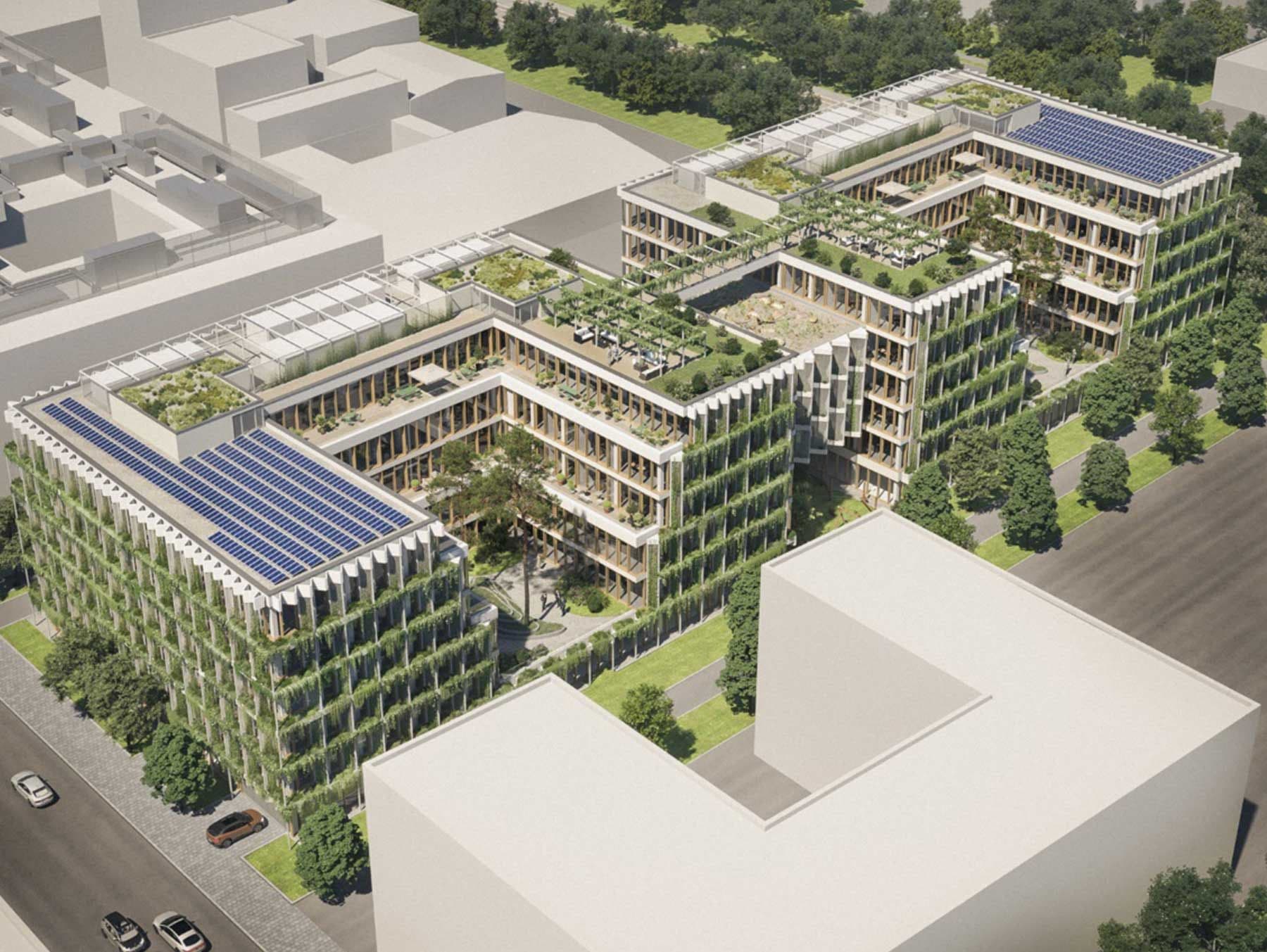 Rendering eines Bauprojekts der MEAC GmbH in der Taunusstraße 27-29. Ein Rendering zweier verknüpfter U-förmiger Bauten, deren Fassaden begrünt und Flachdächer mit Solaranlagen und Gartenmodulen ausgestattet sind.