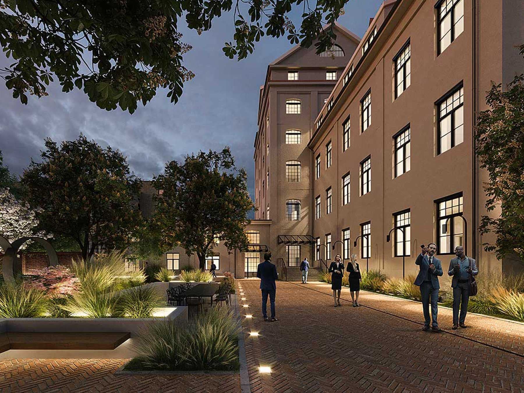 Rendering des lebhaft begrünten Innenhofs des Bauprojekts "The Malt", welches von der MEAC GmbH betreut wird.