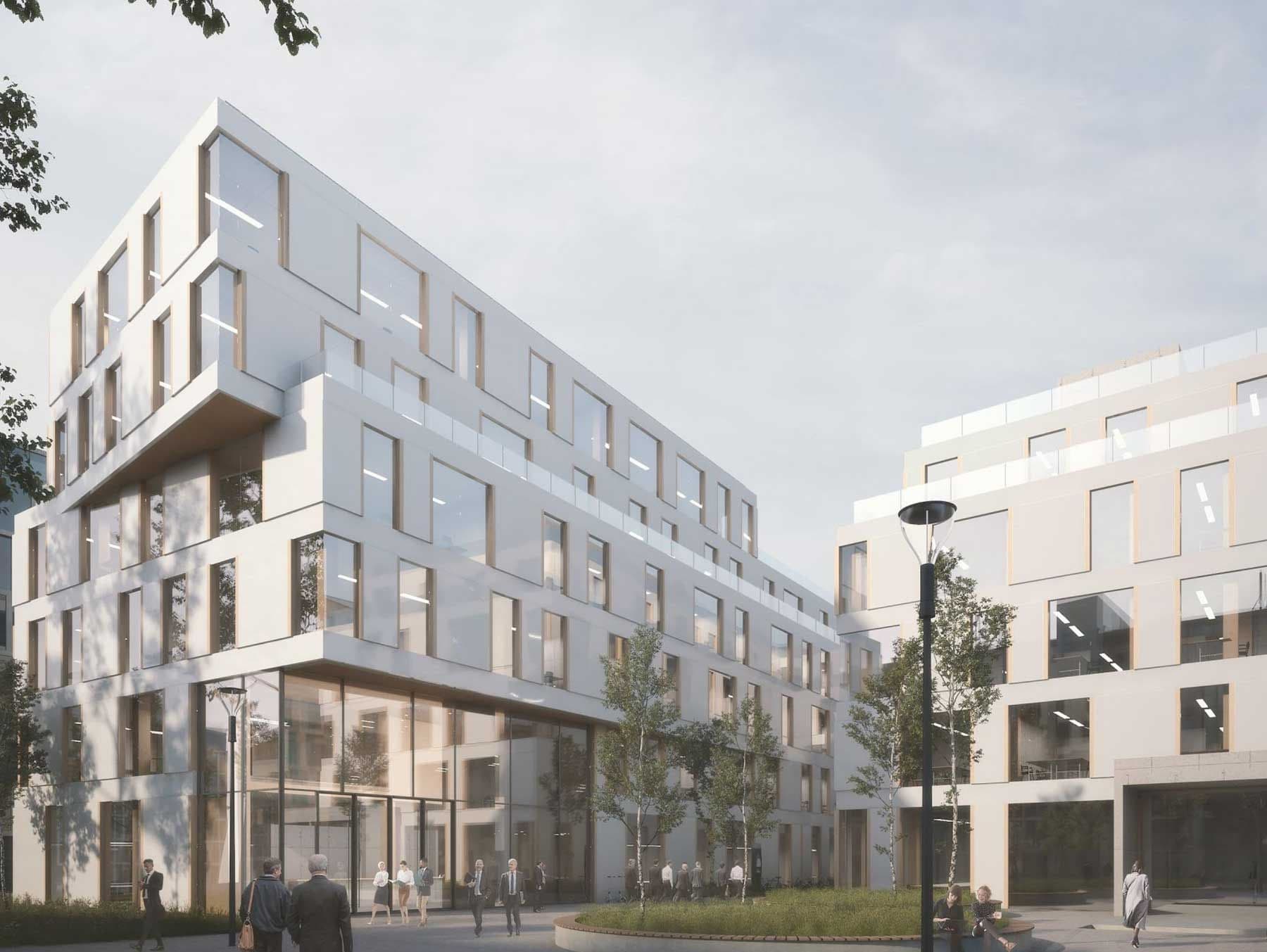 Rendering eines modernen Bürogebäudes mit großen, bodentiefen Fenstern.