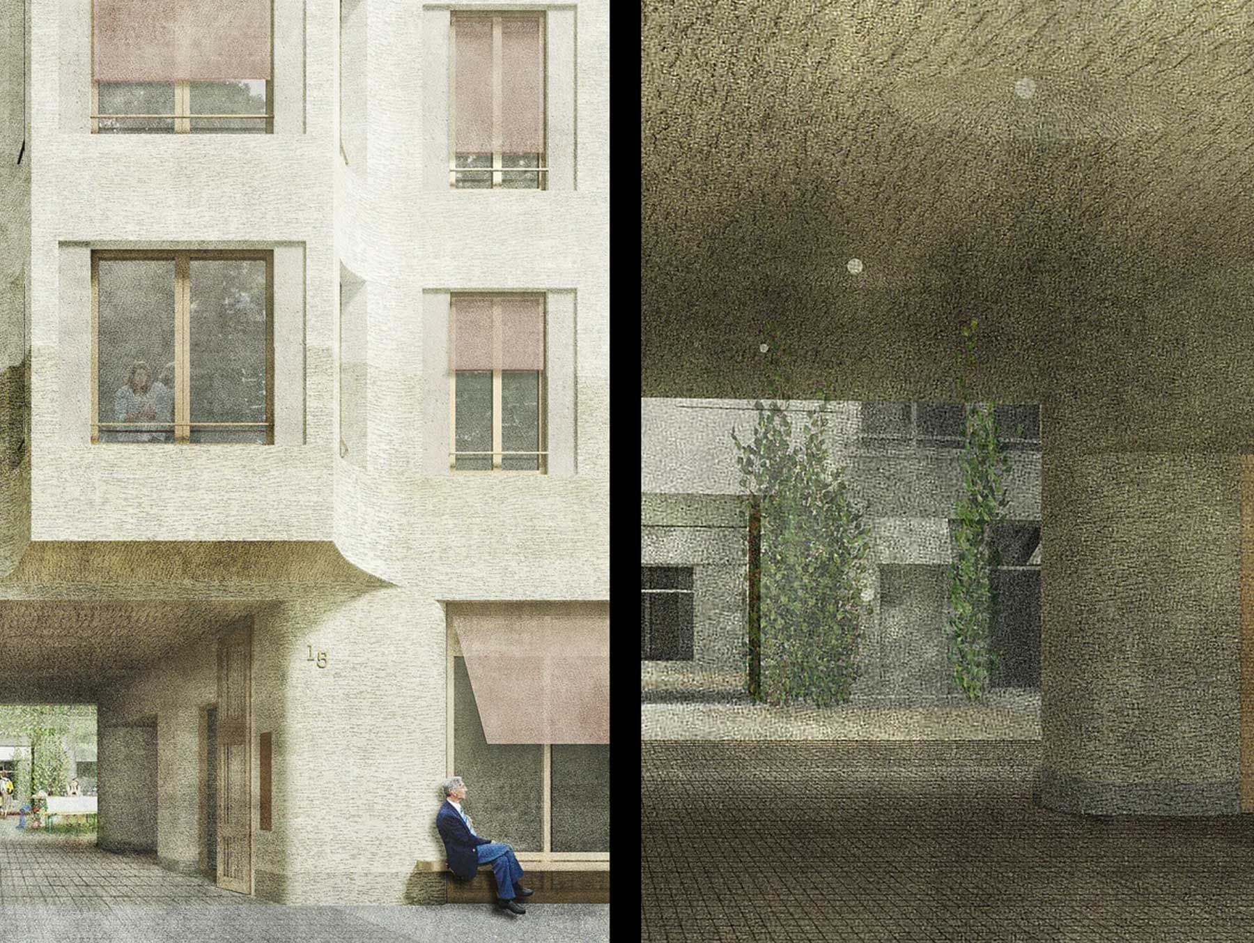 Rendering im Stil einer Zeichnung eines Projekts der MEAC GmbH in der Franziskanerstraße.