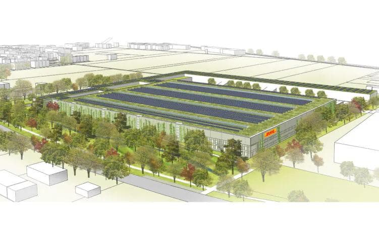 Rendering des Briefzentrums, welches Solaranlagen auf dem Dach hat und von Bäumen umringt ist.