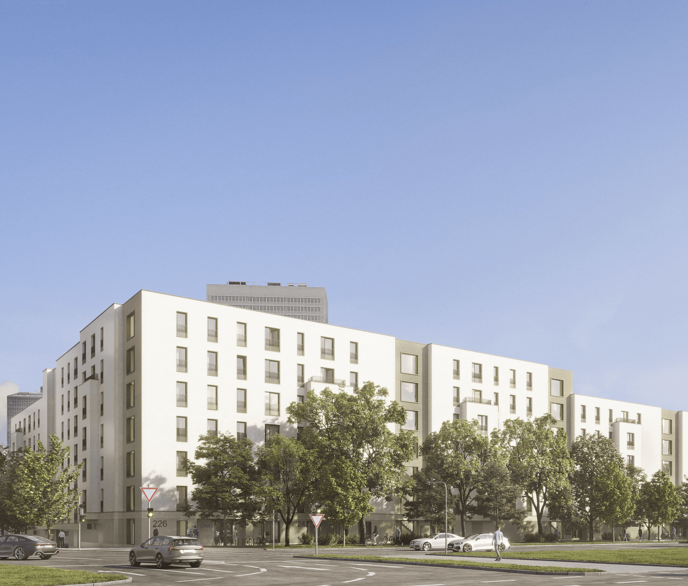 Leopoldstraße: Großer Mehrstöckiger Bau mit zwei begrünten Innenhöfen.