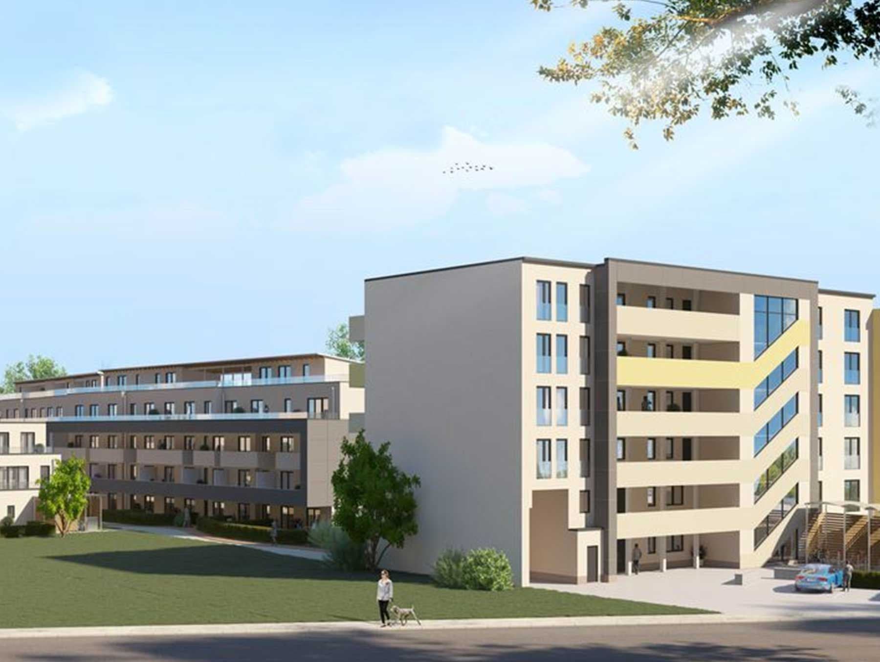 Rendering eines modernen Wohngebäudes mit Grünfläche.