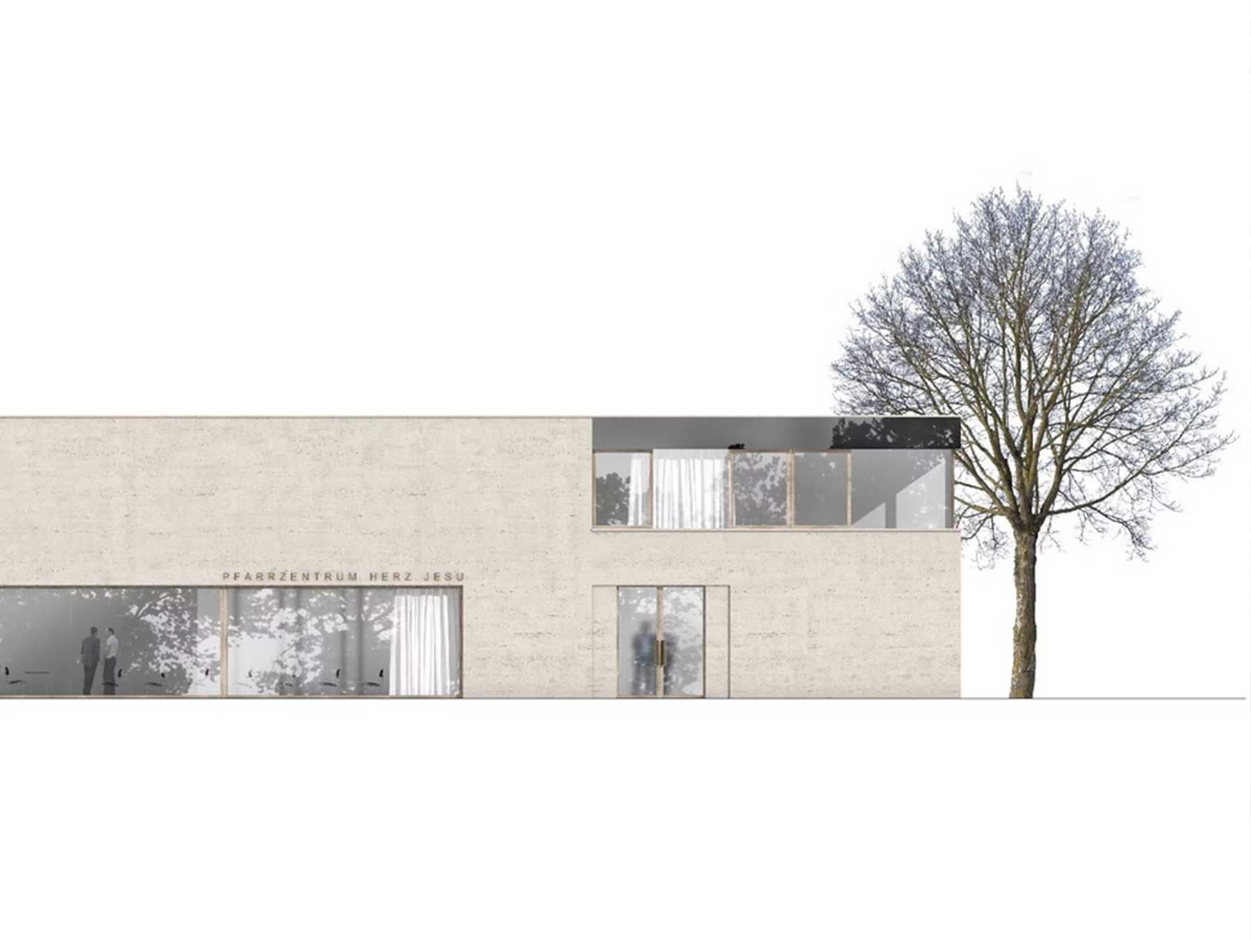 Rendering des Pfarrheim-Gebäudes mit bodentiefen und deckenhohen Fenstern und großer Eingangstür.