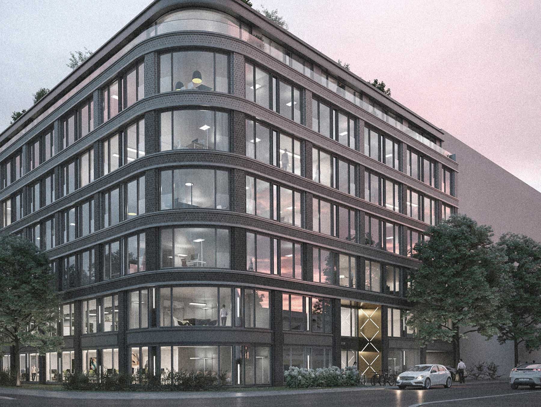 Rendering eines modernen Bürogebäudes mit Backsteinfassade und großen Fenstern in der abgerundeten Hausecke.