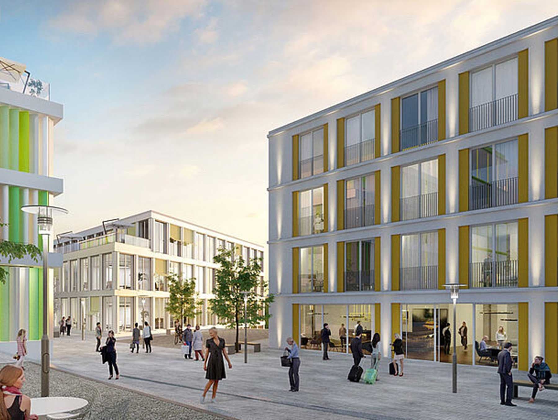 Rendering des Gewerbe Campus in Tutzing, welches drei mehrstöckige Gebäude zeigt, welche eine Fußgängerzone umgeben.