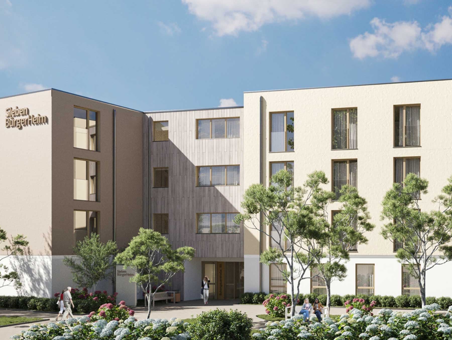 Rendering eines Bauprojekts der MEAC GmbH. Es ist die Vorderseite eines modernen Seniorenzentrums mit einer Grünfläche im Vordergrund zu sehen.