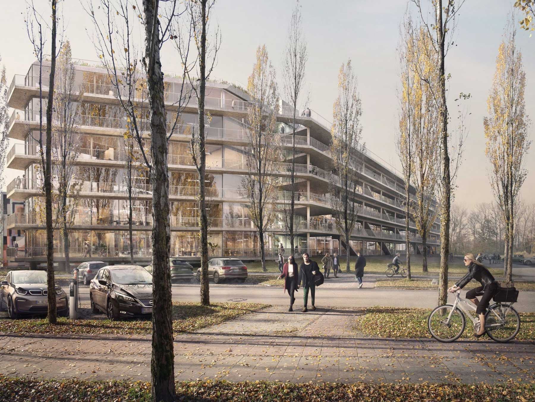 Rendering eines modernen Bürogebäudes in Dornach bei München mit großen, bodentiefen Fenstern und rundum Balkonen.